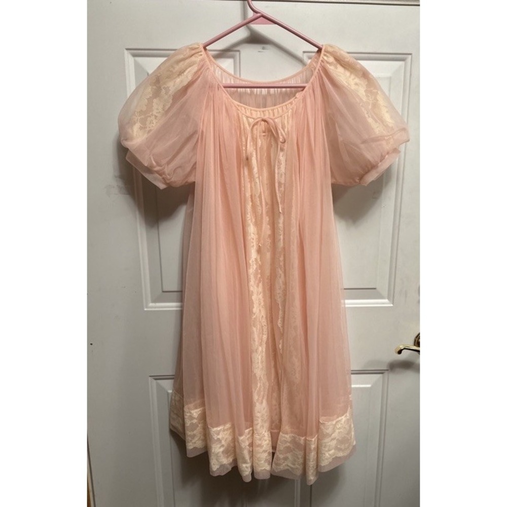 Vtg 1960s Gaymode Penneys Pink Chiffon Babydoll Peignoir Set Short Gown/Robe S